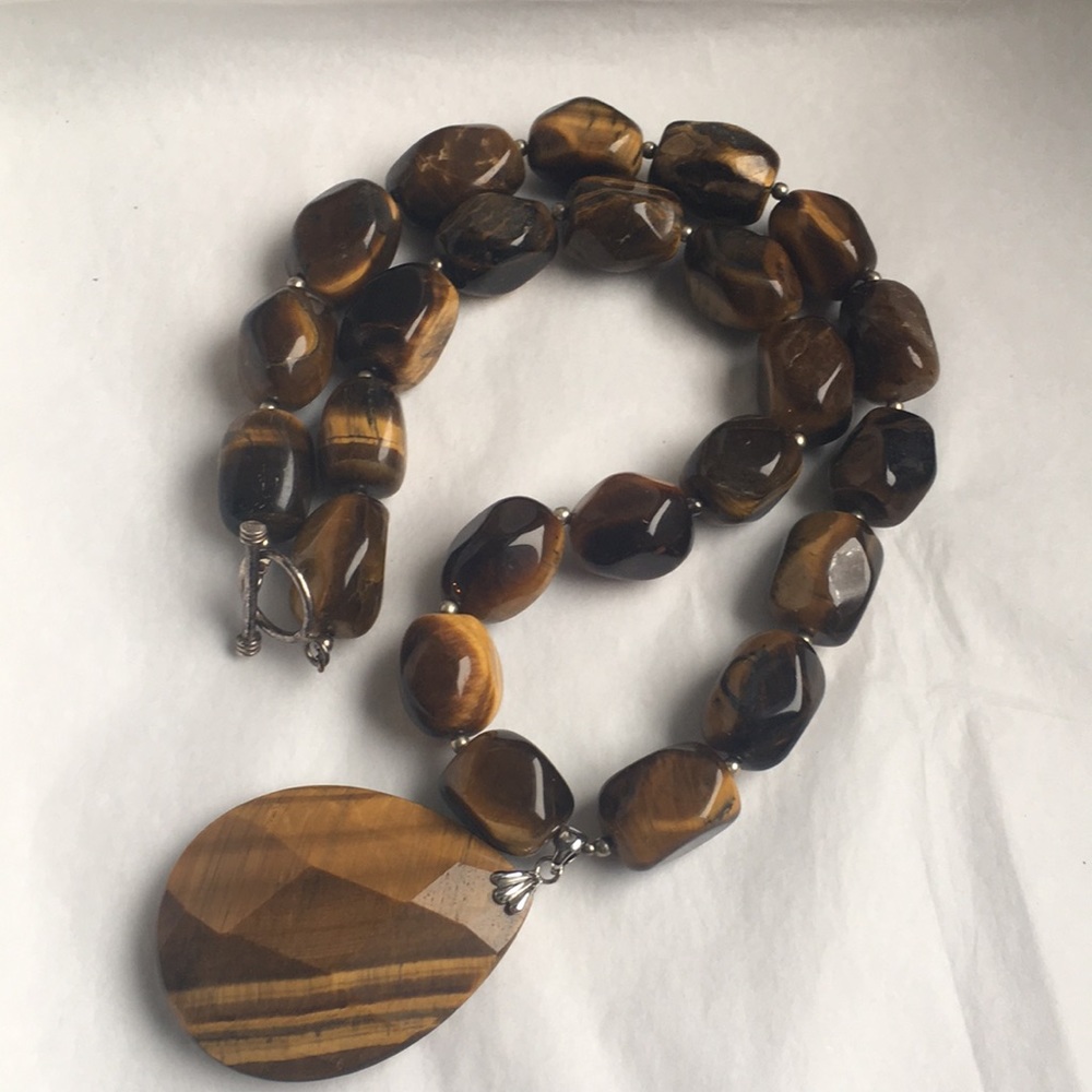 ⚫️Vintage Chunky Tiger’s Eye Pendant Necklace 925 Statement Piece 19 inches long